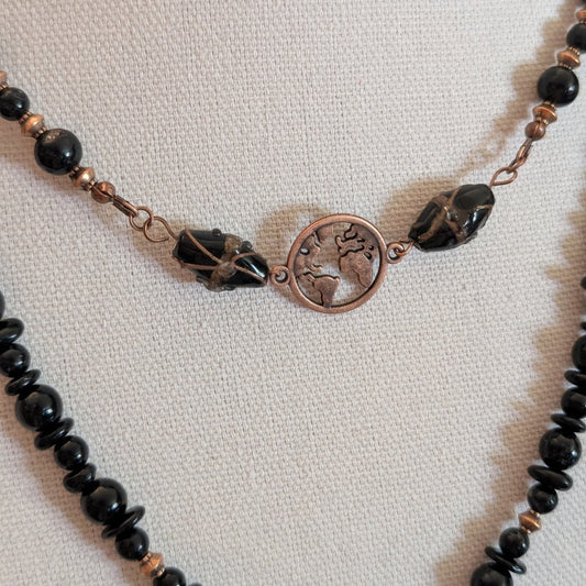 ✨Black Atlas✨| Black Tourmaline Double-Stranded Globe Necklace with Copper Accents