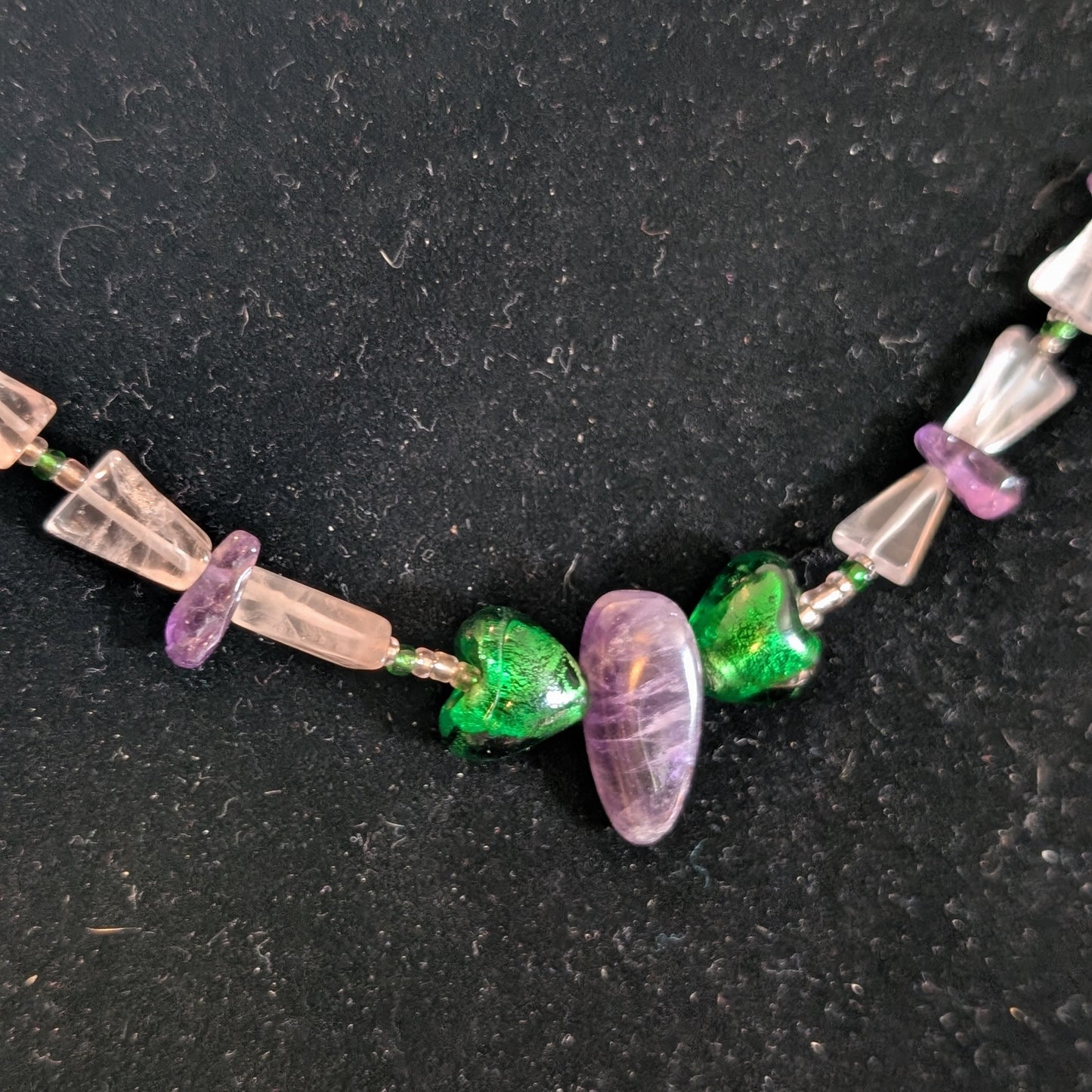 ✨Whisperwings✨| Amethyst & Rose Quartz Butterfly Fairy Necklace with Green Glass Wings