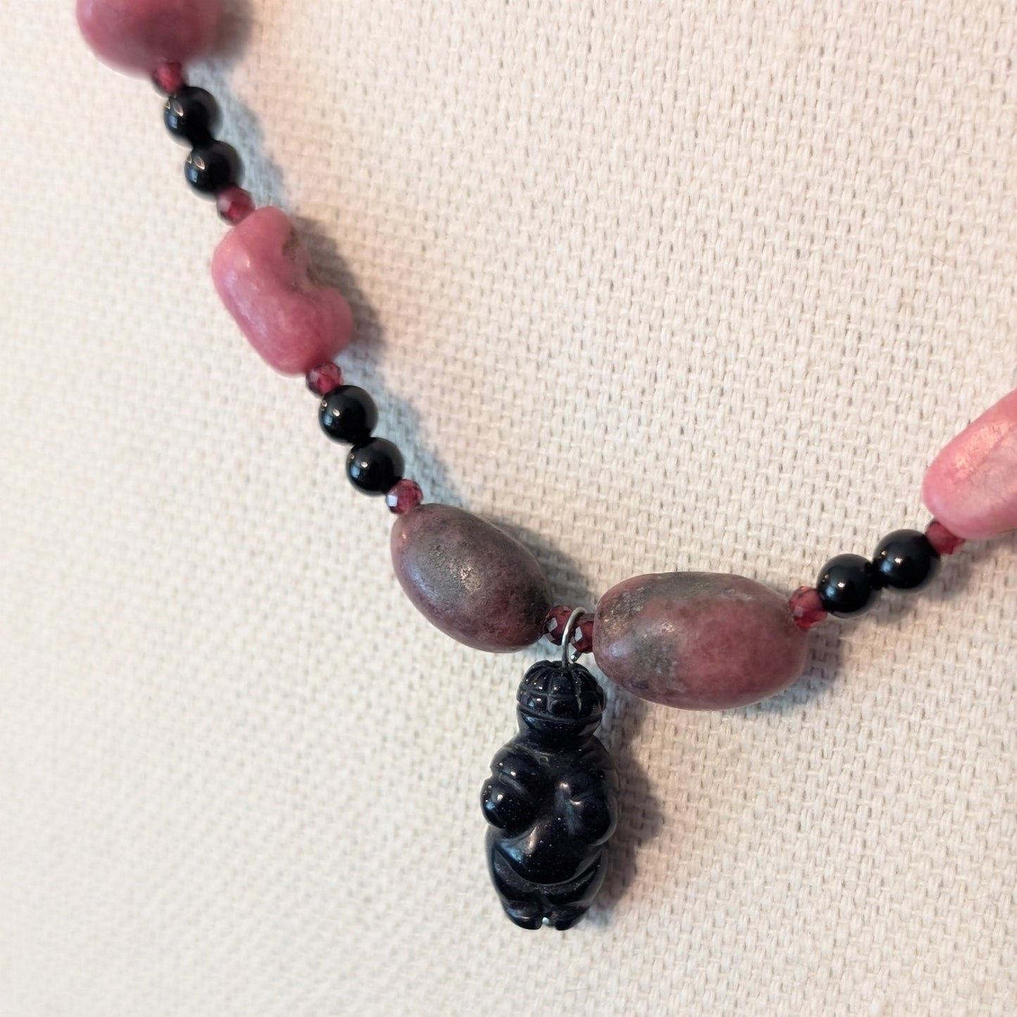 ✨Wombkissed✨| Rhodonite, Onyx, & Garnet Necklace with Blue Goldstone Venus Pendant