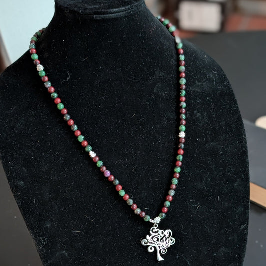 ✨Twirlitwig Den✨| Ruby Zoisite & Wood Necklace with Silver Tree Pendant
