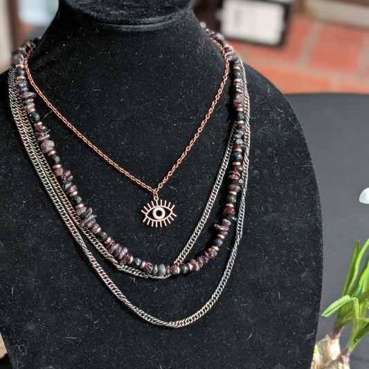 ✨Faery Metal✨| Garnet & Black Tourmaline Multi-Strand Necklace and Bracelet Set