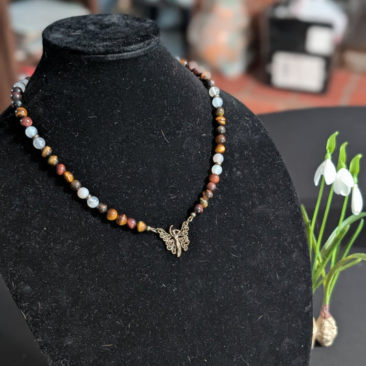✨Amberwing✨| Red & Gold Tiger’s Eye Necklace with Bronze & Botswana Agate Accents and Fairy Charm