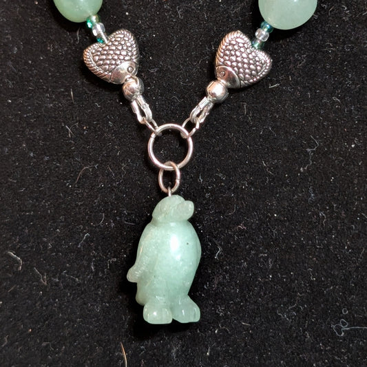 ✨Waddlewhim✨| Green Aventurine & Aquamarine Penguin Necklace with Kissing Fish
