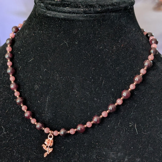 ✨Regina Woz✨| Garnet & Rhodochrosite Rose Necklace with Rose Gold Accents