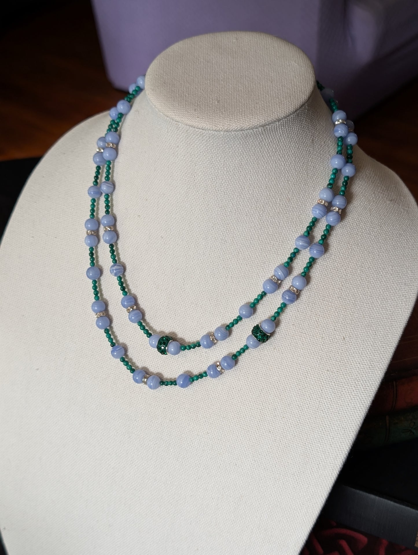 ✨Windsong Hollow✨| Malachite & Blue Lace Agate Double-Stranded Necklace & Bracelet Set