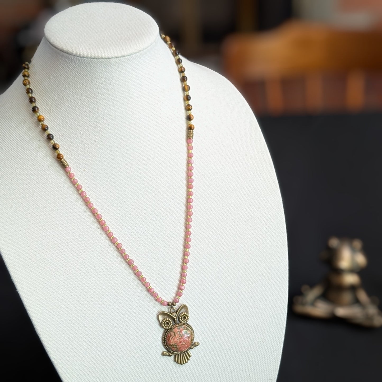 ✨Talonrose✨| Rhodochrosite, Tiger’s Eye & Peridot Necklace with Unakite Owl Pendant