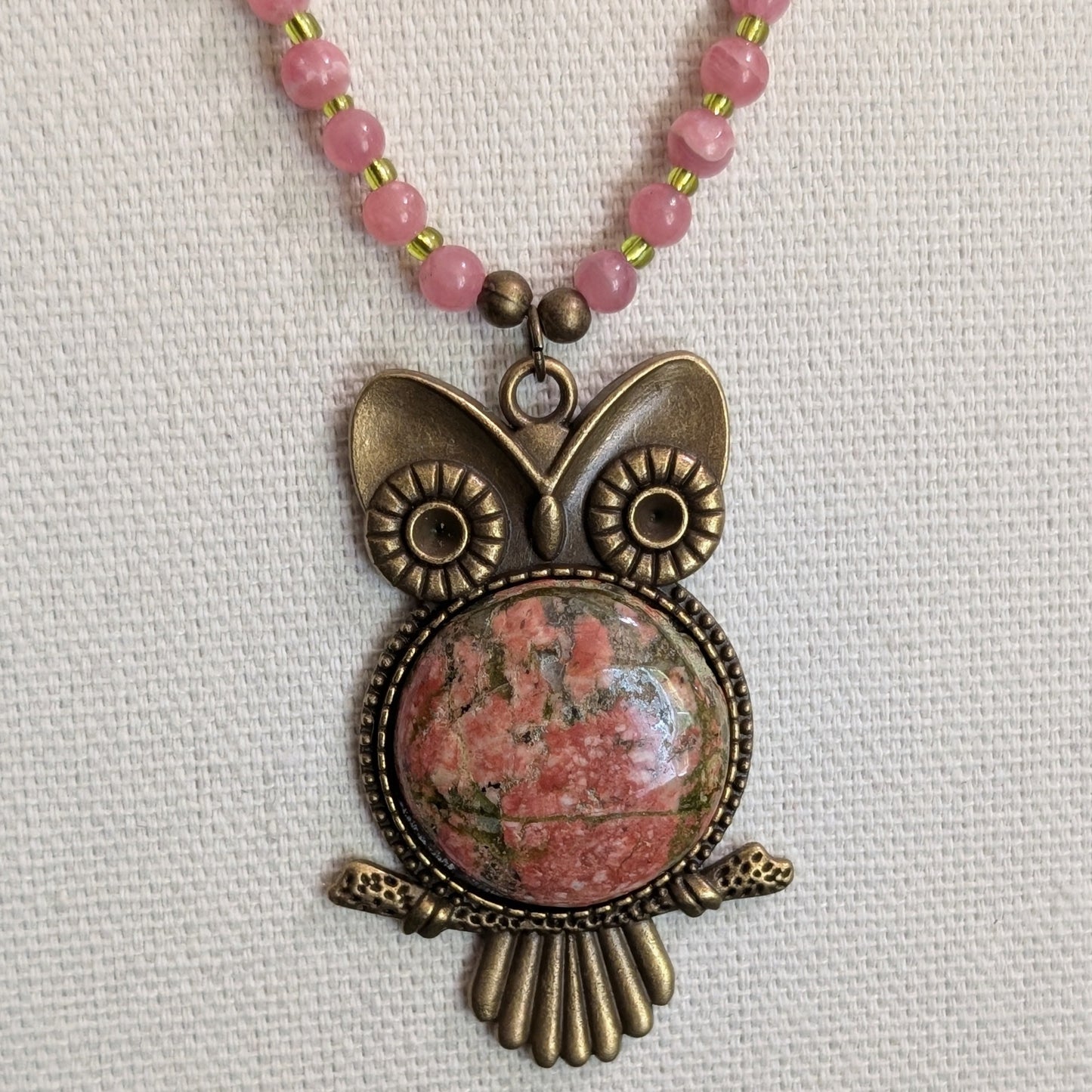 ✨Talonrose✨| Rhodochrosite, Tiger’s Eye & Peridot Necklace with Unakite Owl Pendant