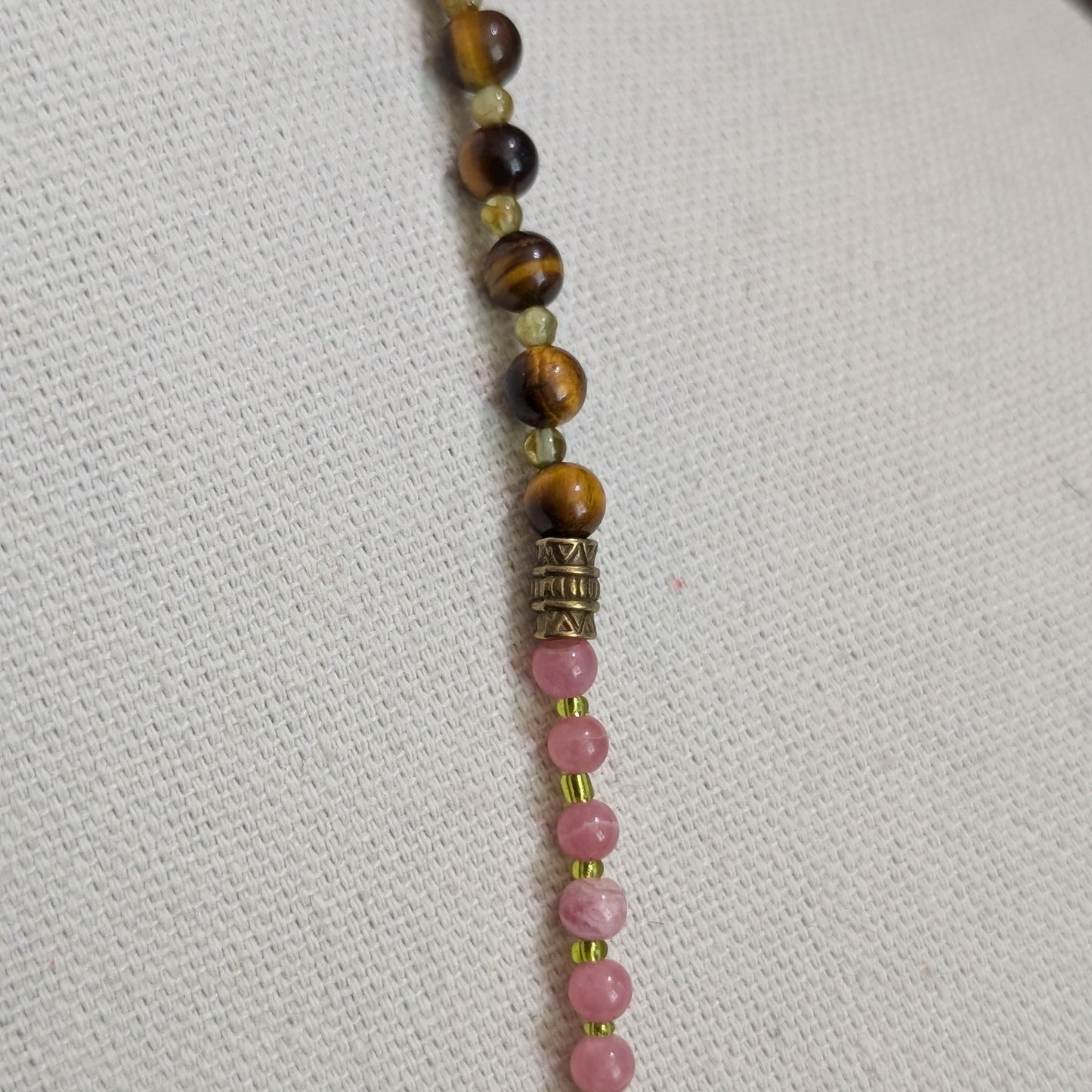 ✨Talonrose✨| Rhodochrosite, Tiger’s Eye & Peridot Necklace with Unakite Owl Pendant