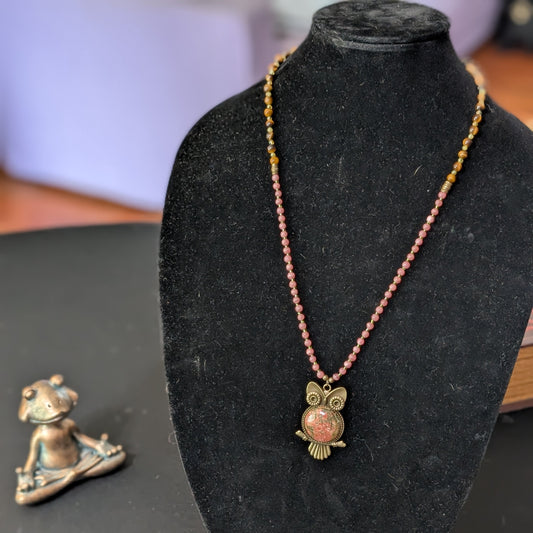 ✨Talonrose✨| Rhodochrosite, Tiger’s Eye & Peridot Necklace with Unakite Owl Pendant