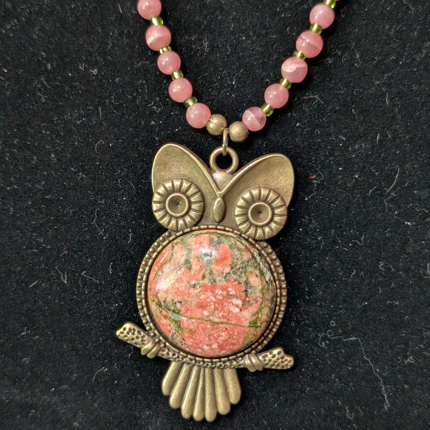 ✨Talonrose✨| Rhodochrosite, Tiger’s Eye & Peridot Necklace with Unakite Owl Pendant