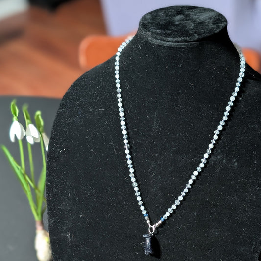 ✨Snowdip✨| Snow Quartz & Aquamarine Necklace with Blue Goldstone Penguin Pendant