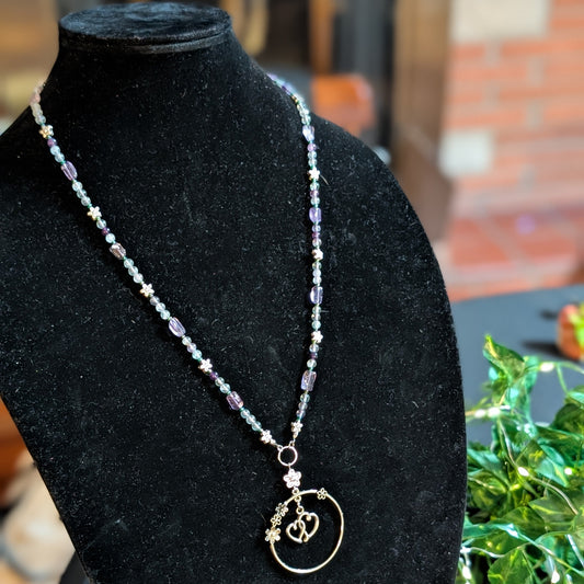 ✨Petalfrost✨| Fluorite & Amethyst Necklace with Silver Floral Heart Pendant