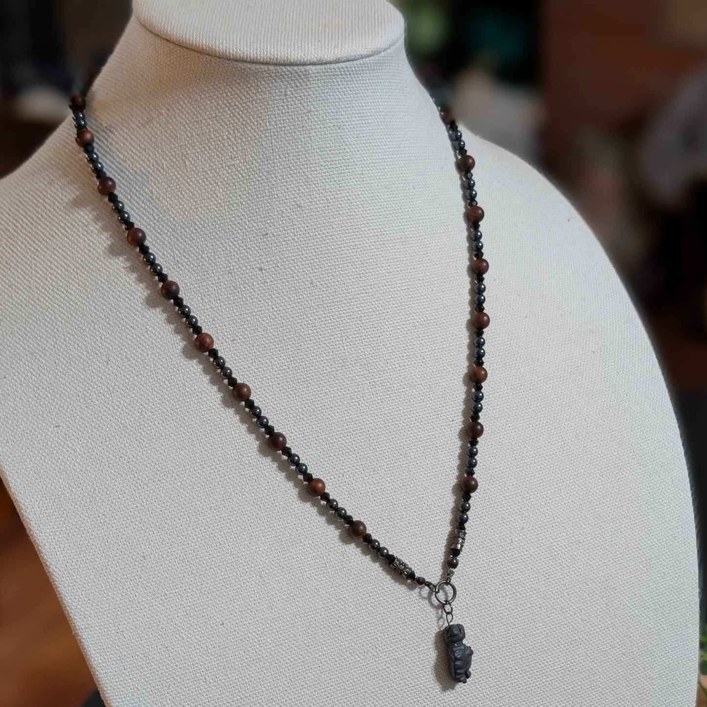 ✨Deepmother✨| Hematite and Palisanderwood Necklace with Hematite Venus of Willendorf Pendant