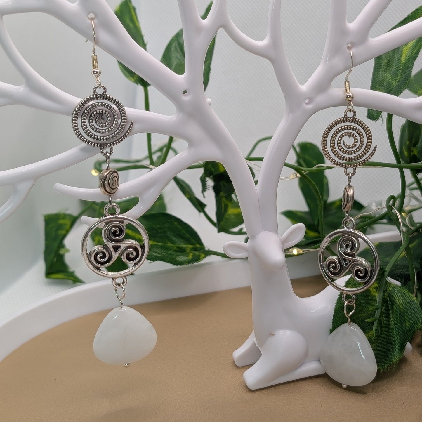 ✨Spiraluna✨| Moonstone Spiral Earrings with Triple Spiral Celtic Symbol