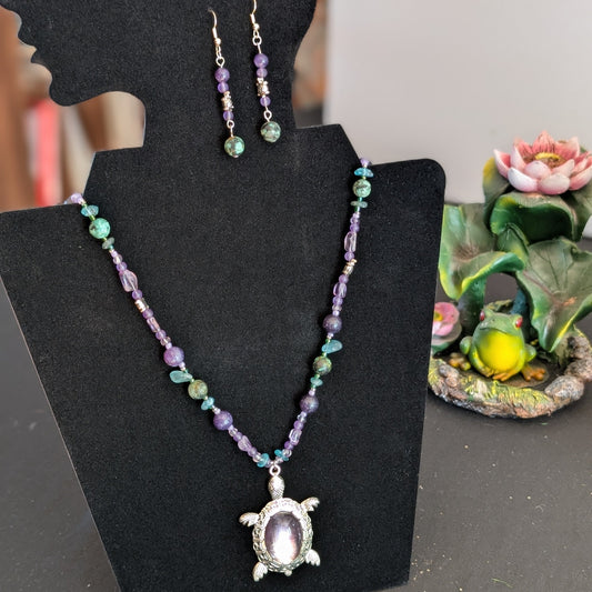 ✨Whimcurrent and the Ripples✨| Amethyst, Charoite, Apatite, & Turquoise Turtle Necklace & Earrings Set