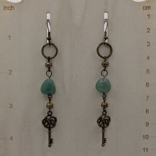 ✨The Keys to Mossmere✨| Green Aventurine & Brass Floral Key Earrings