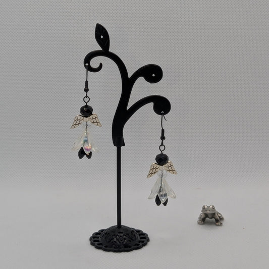 ✨Silverflit✨| Winged Fairy Earrings with Iridescent Petals & Black Beads