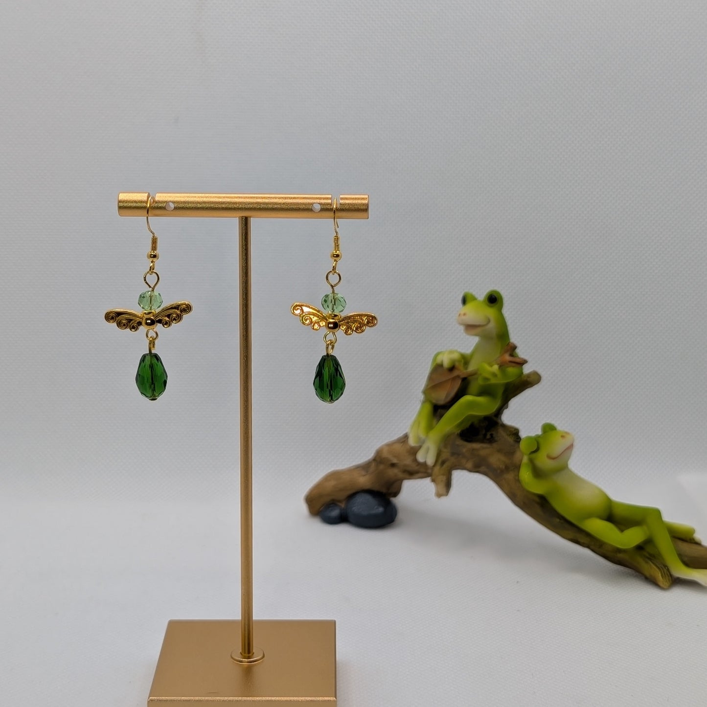 ✨Leafgleam✨| Green & Gold Fairy Earrings with Winged Charm