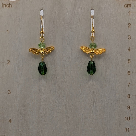 ✨Leafgleam✨| Green & Gold Fairy Earrings with Winged Charm