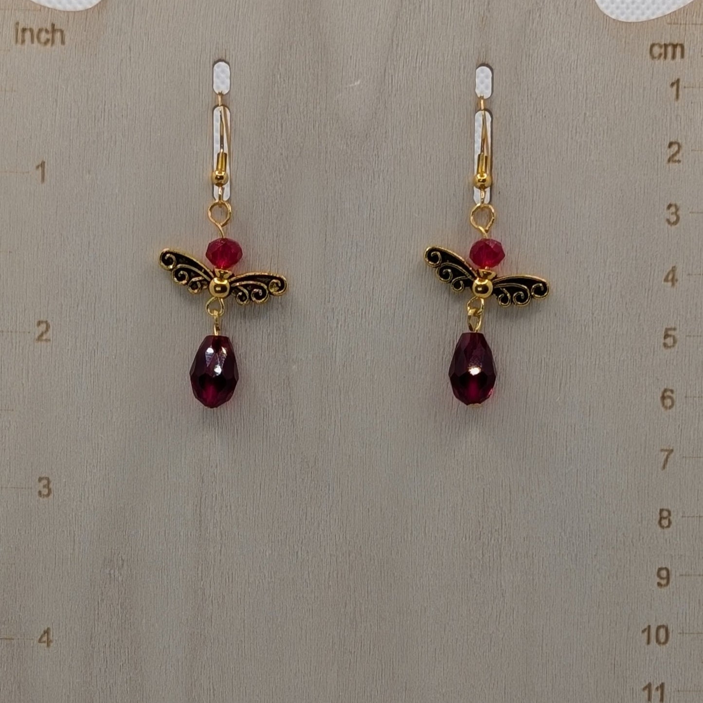 ✨Velverra✨| Ruby Red Fairy Earrings with Antique Gold Wings