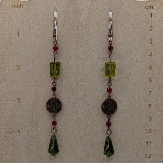 ✨Copperholly Vine✨| Red Agate & Green Glass Earrings with Copper Accents