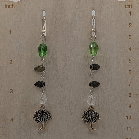 ✨Glenroot✨| Green & Clear Glass Leaf Earrings with Tree Charms