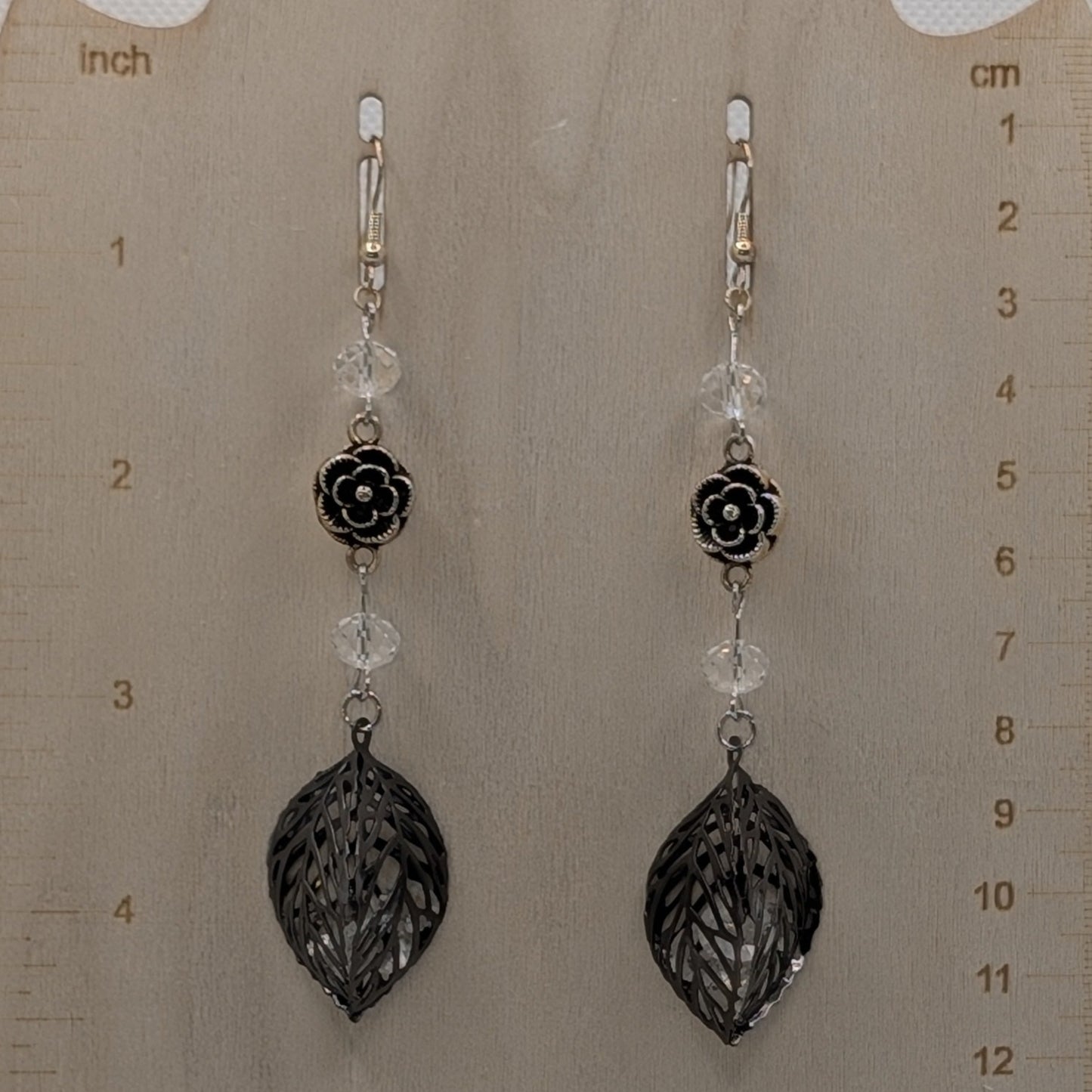 ✨Faeliage✨| Gunmetal Leaf & Glass Earrings with Silver-Toned Floral Accents
