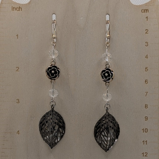 ✨Faeliage✨| Gunmetal Leaf & Glass Earrings with Silver-Toned Floral Accents