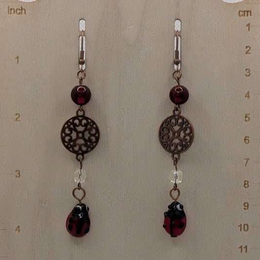 ✨Lacybug✨| Copper & Glass Ladybug Earrings with Filigree Charm