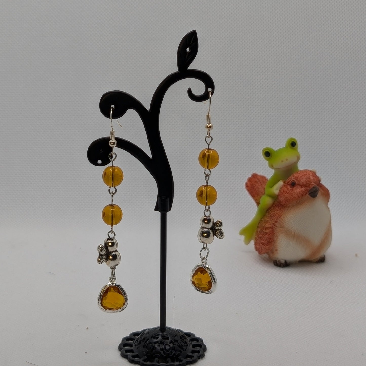 ✨Nectarflick✨| Amber Bee Earrings with Silver-Toned Charms and Glass Accents