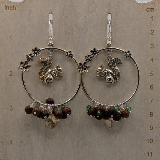 ✨Thimblegruff & Pibbinook✨| Squirrel Earrings with Glass, Wood & Silver-Toned Charms