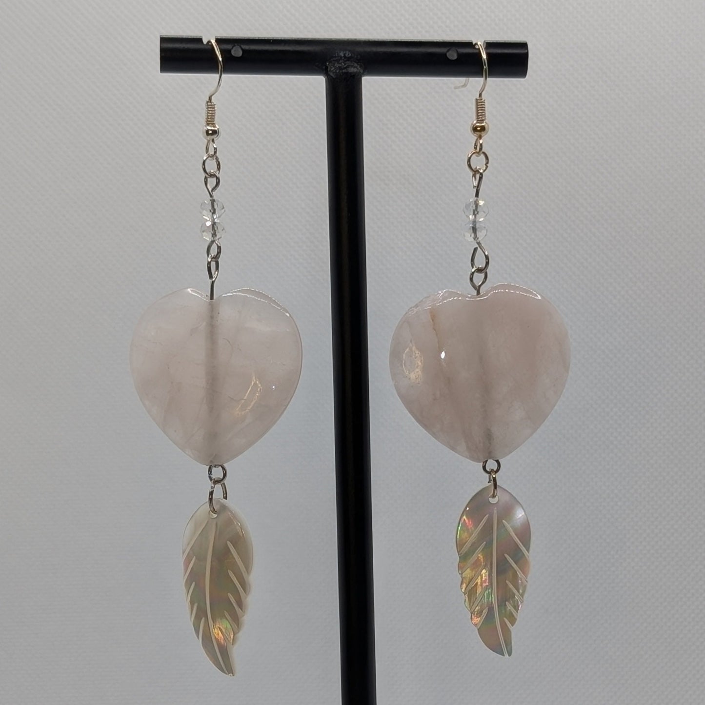 ✨Blushplume✨| Rose Quartz Heart & Natural Shell Feather Statement Earrings