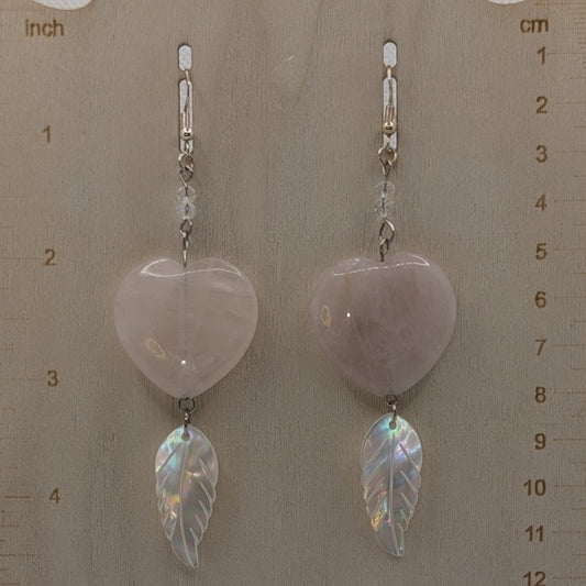 ✨Blushplume✨| Rose Quartz Heart & Natural Shell Feather Statement Earrings