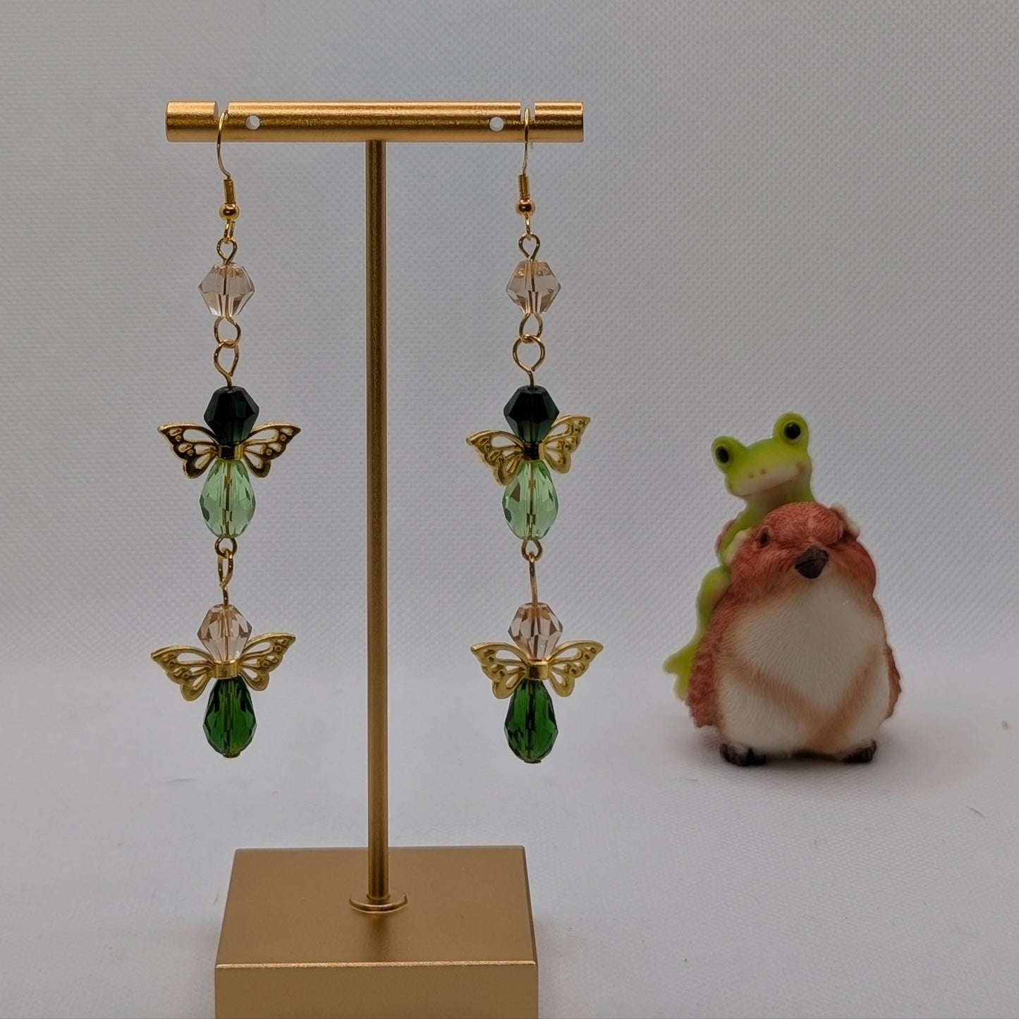 ✨The Gilded Grassflock✨| Double Fairy Earrings in Green Glass & Gold Tone