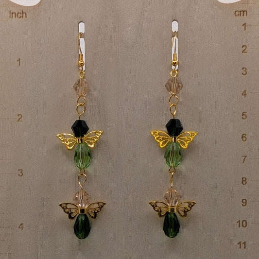 ✨The Gilded Grassflock✨| Double Fairy Earrings in Green Glass & Gold Tone