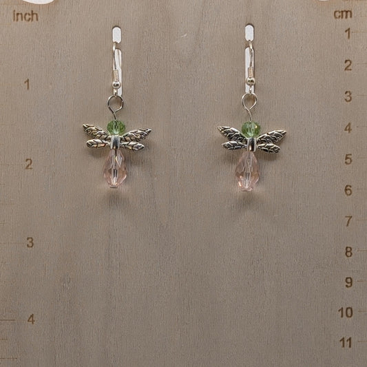 ✨Petalspritz✨| Blush Pink & Green Fairy Earrings with Silver-Toned Wings