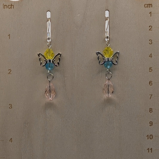 ✨Dawnflick✨| Yellow, Blue & Pink Glass Fairy Earrings with Silver-Toned Wings