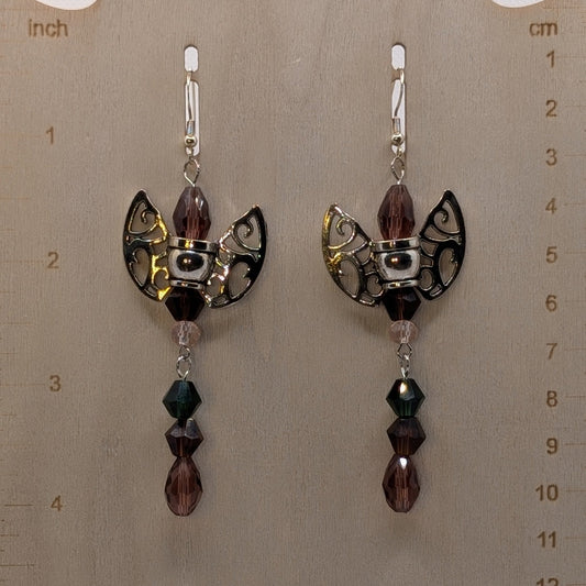✨Cleavewing✨| Battle-Axe Inspired Fae Earrings with Smoky Crystals & Silver-Toned Wings
