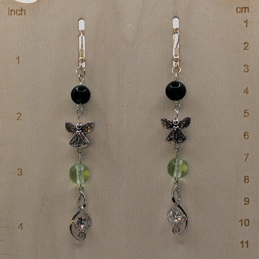 ✨Choirelle✨| Fairy Spiral Earrings with Silver Charms & Green Beads