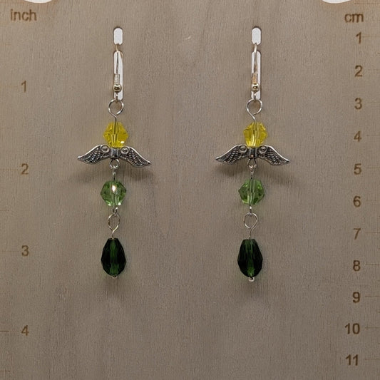 ✨Meadowflutter✨| Green & Yellow Beaded Fairy Earrings with Silver-Toned Wings