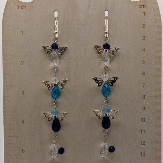 ✨Skyflight✨| Long Blue & Bronze Fairy Wing Earrings in Flight Formation