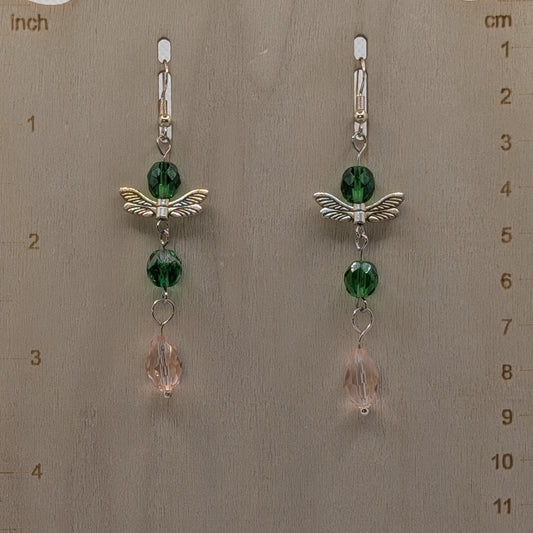 ✨Blossomdrift✨| Green & Pink Winged Drop Fairy Earrings
