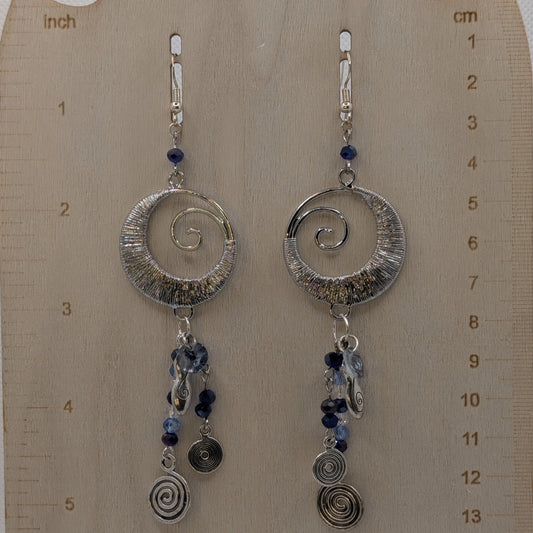 ✨Wyrmoire✨| Spiral Statement Earrings with Blue & Silver Dangles
