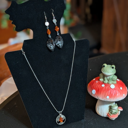 ✨Kindlebough✨| Orange Glass & Silver-Toned Tree of Life Necklace & Earrings Set
