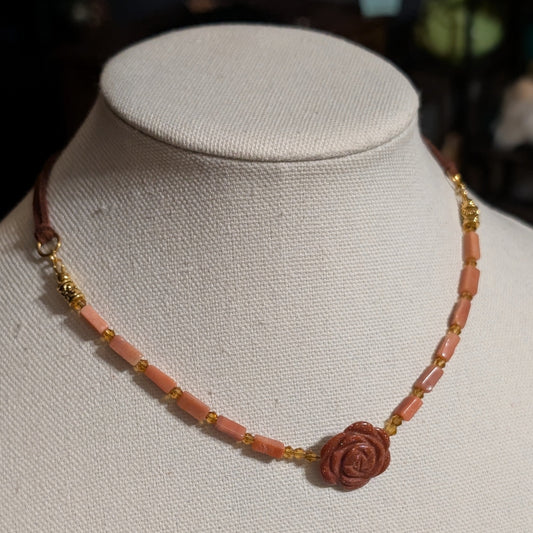 ✨Terrabloom✨| Pink Aventurine & Goldstone Choker with Faux Leather Cord