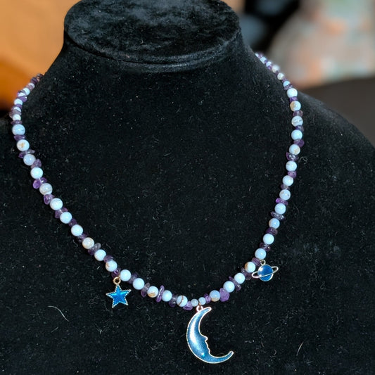 ✨Celestalis✨| Blue Lace Agate & Amethyst Celestial Necklace with Moon, Star & Planet Charms