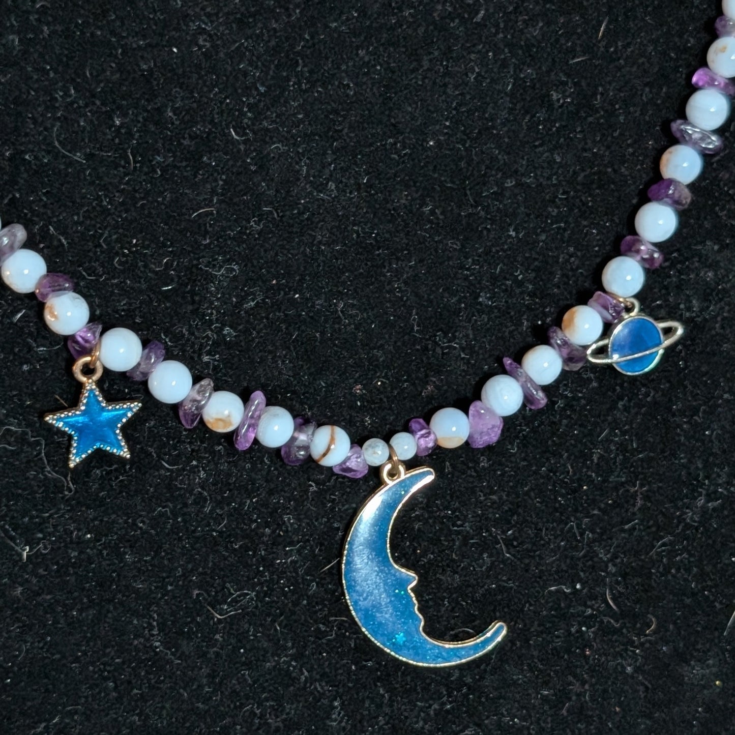 ✨Celestalis✨| Blue Lace Agate & Amethyst Celestial Necklace with Moon, Star & Planet Charms