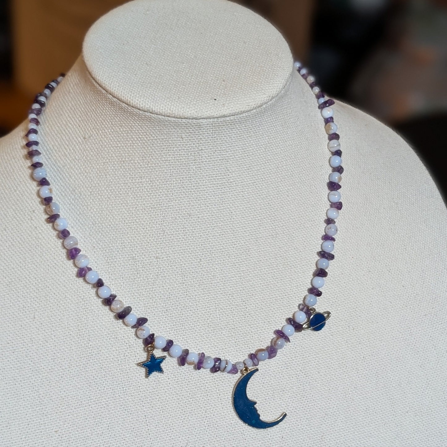 ✨Celestalis✨| Blue Lace Agate & Amethyst Celestial Necklace with Moon, Star & Planet Charms