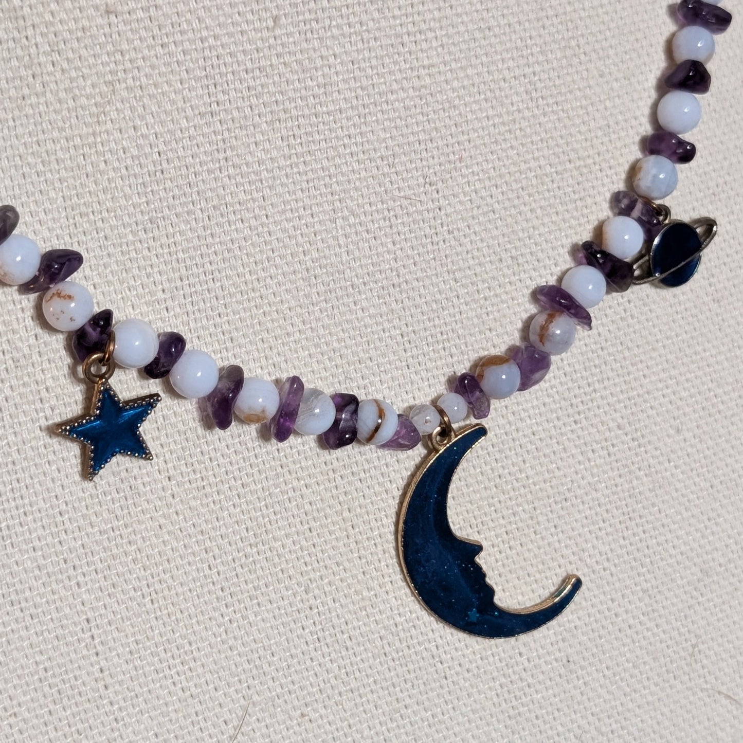 ✨Celestalis✨| Blue Lace Agate & Amethyst Celestial Necklace with Moon, Star & Planet Charms