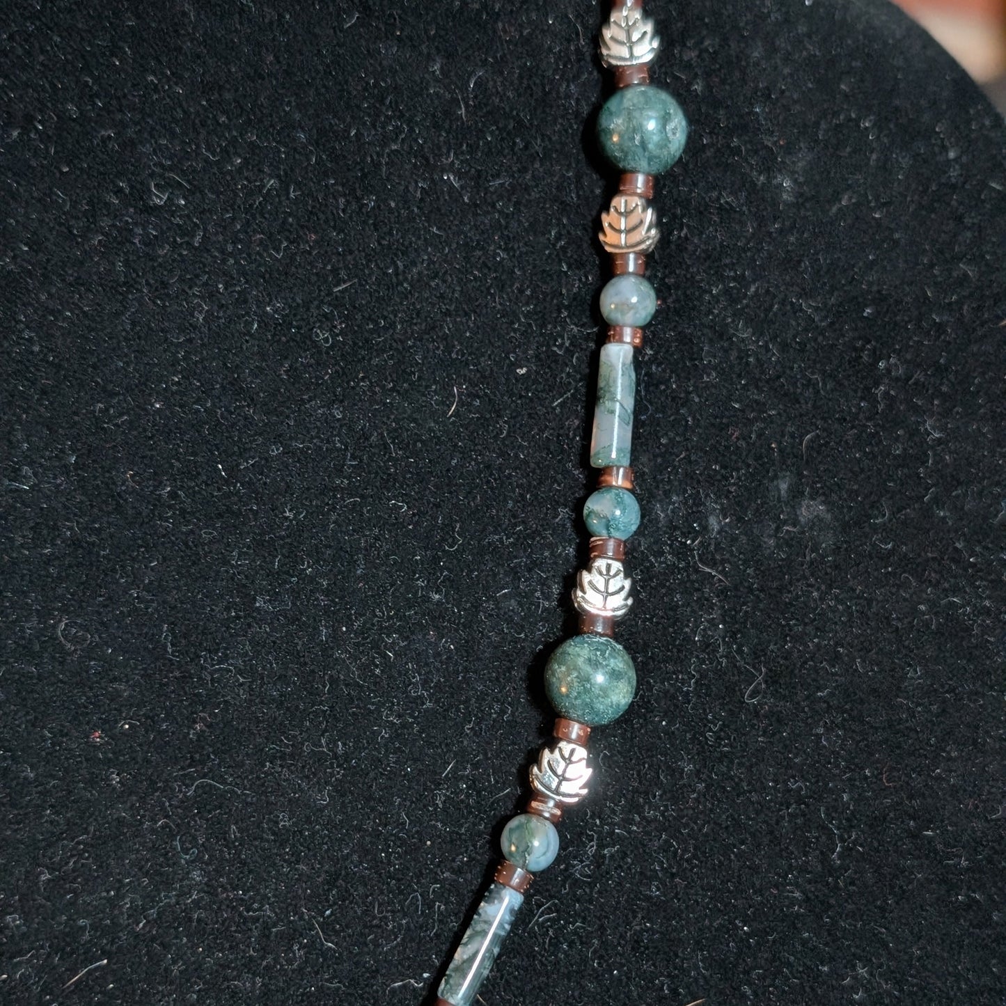 ✨Mossleaf Glen✨| Moss Agate & Wood Necklace with 3D Metal Filigree Leaf Pendant